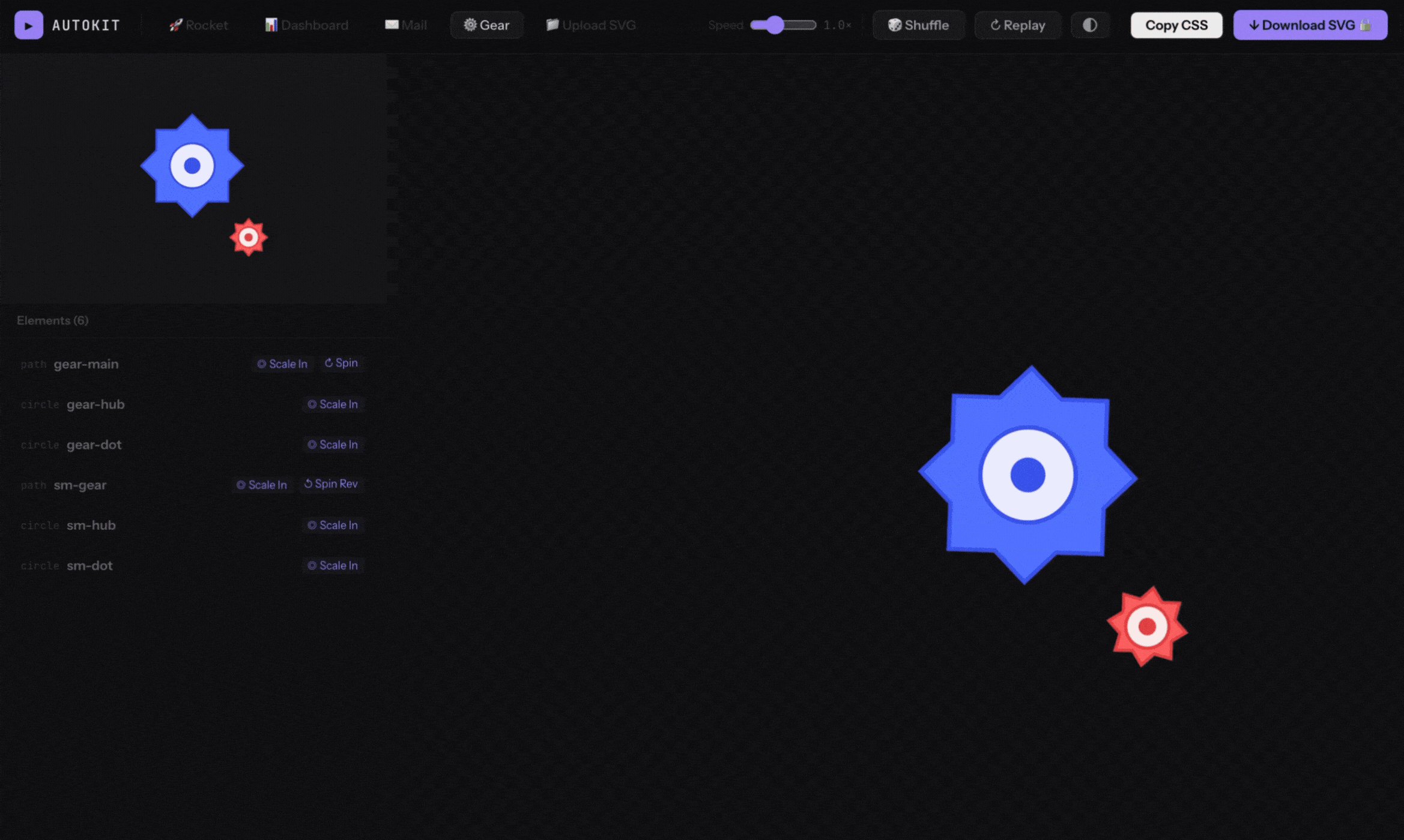 AutoKit preview — SVG icons animating with entrance and loop effects