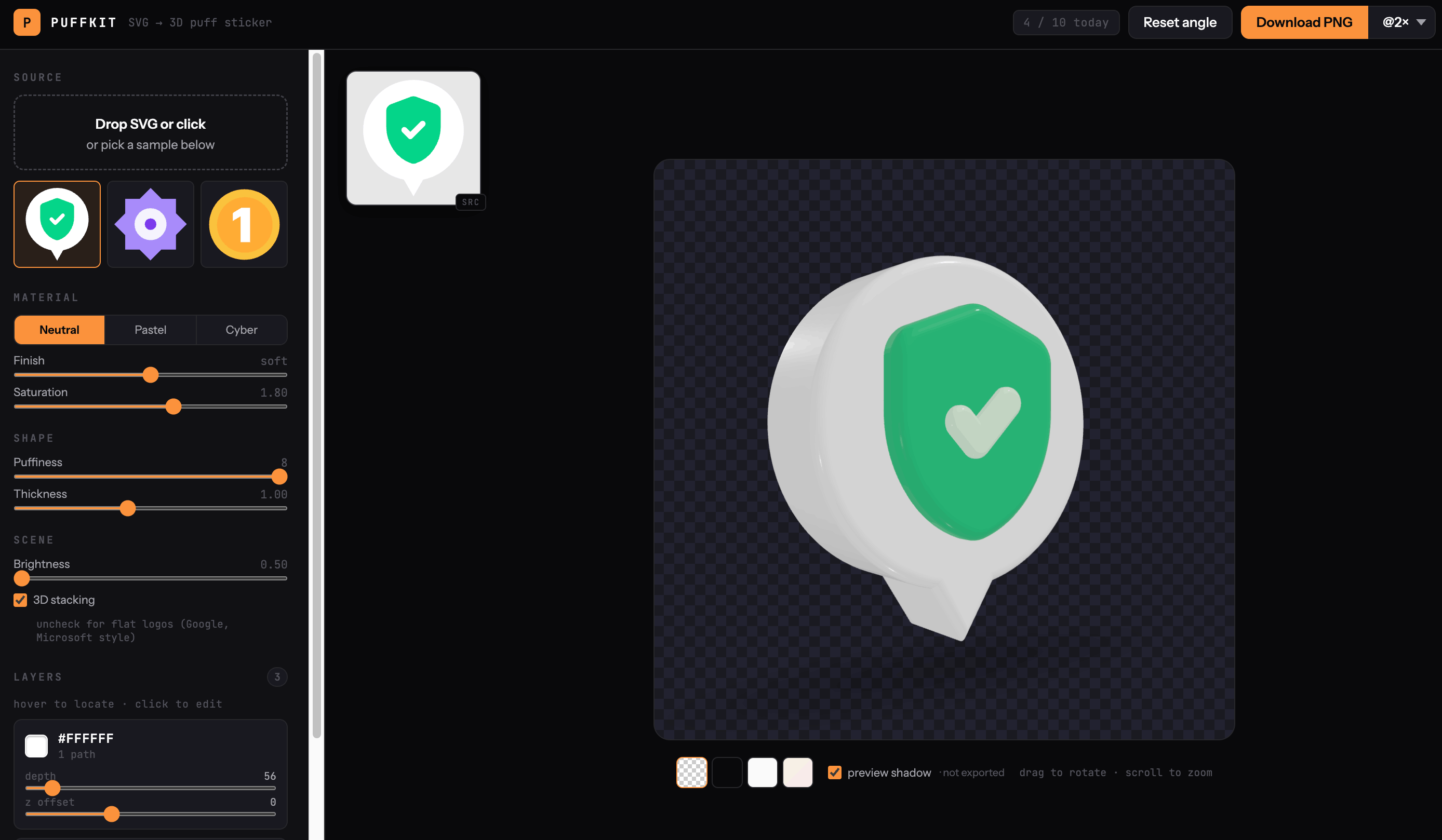 PuffKit preview — flat SVG icons rendered as 3D puff stickers